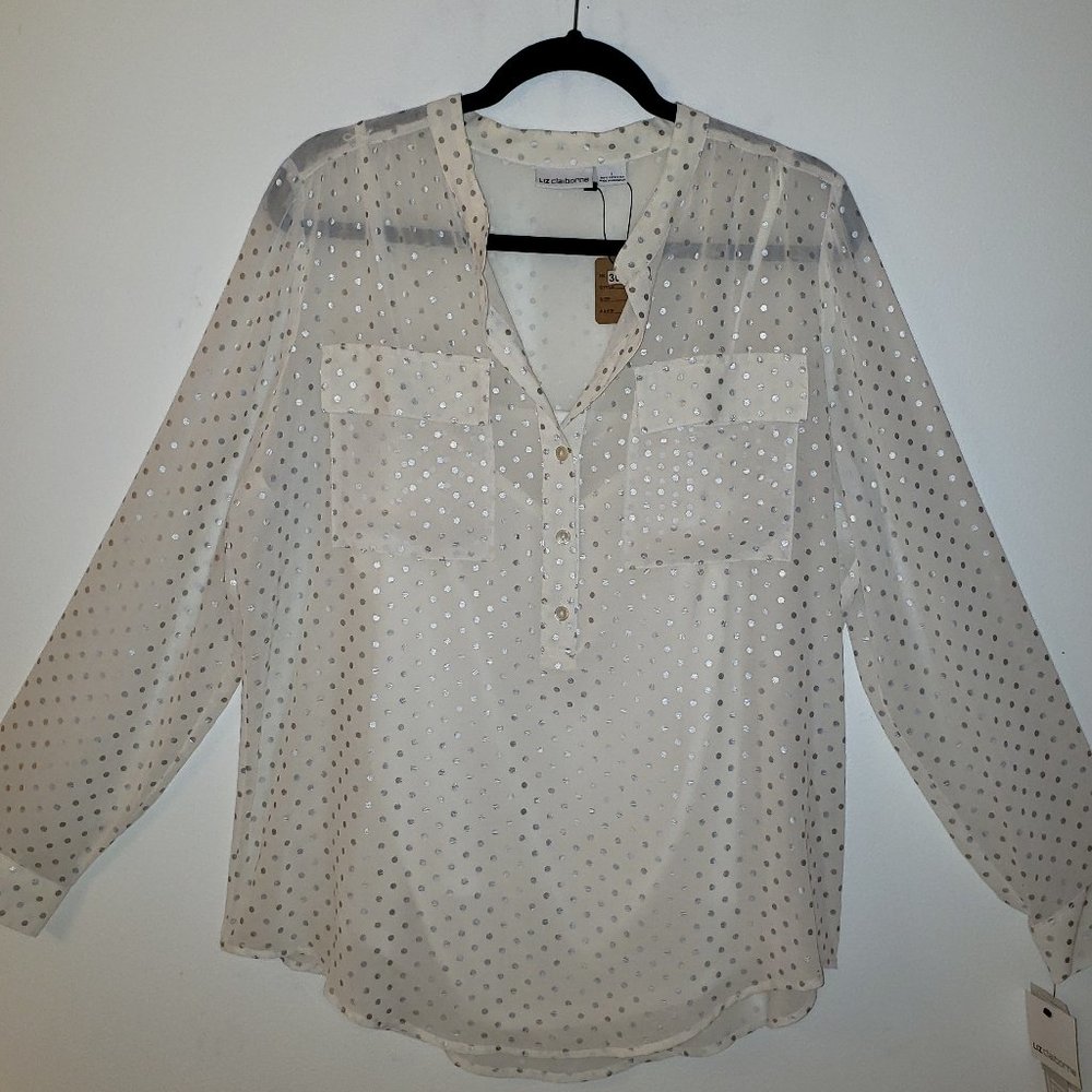 (NWT) Liz Claiborne Cream Polka Dot Long Sleeve Blouse.  Sheer w/ Cami.  Size L.